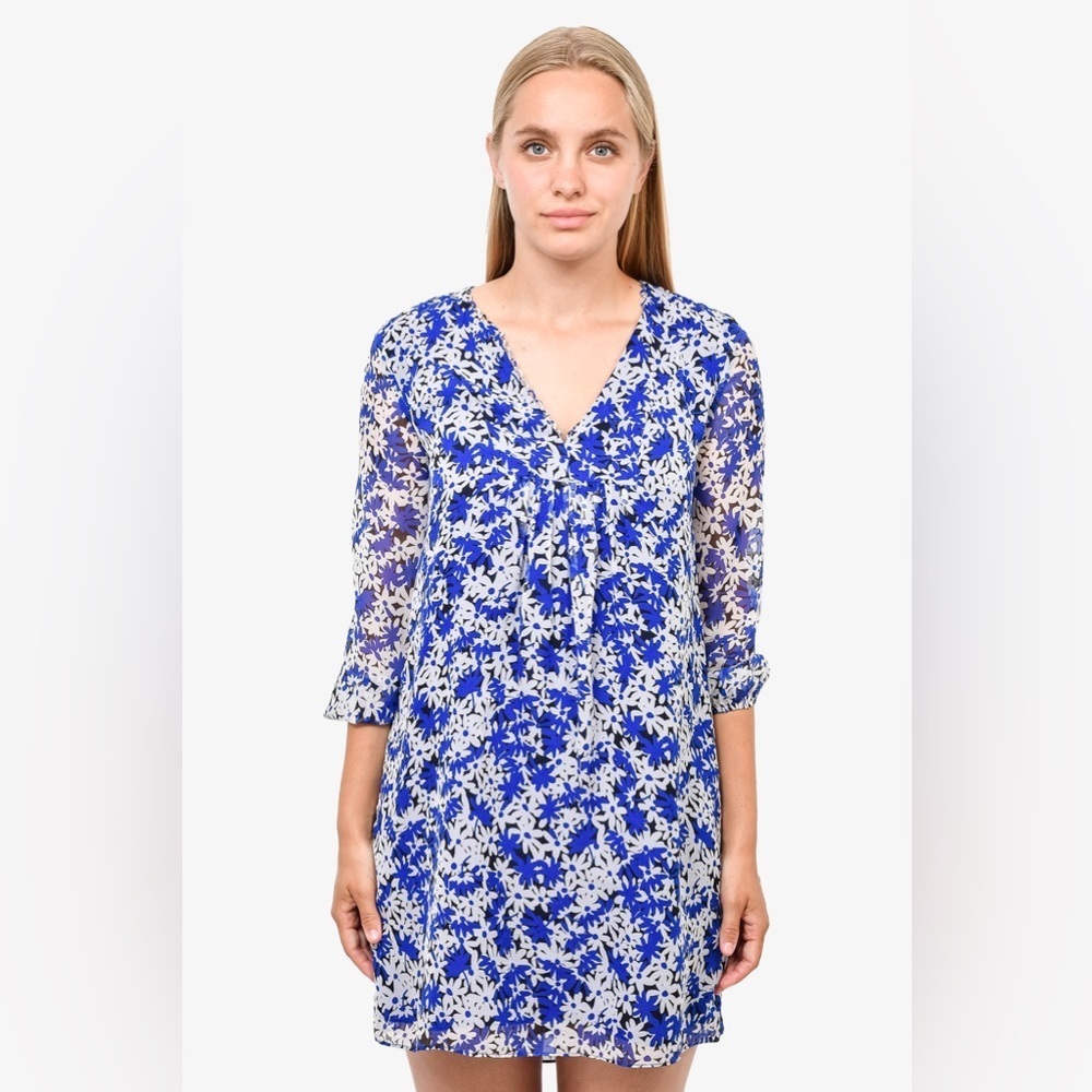 DIANE VON FURSTENBERG BLUE/WHITE FLORAL SILK MINI DRESS SIZE 10 Spring Casual